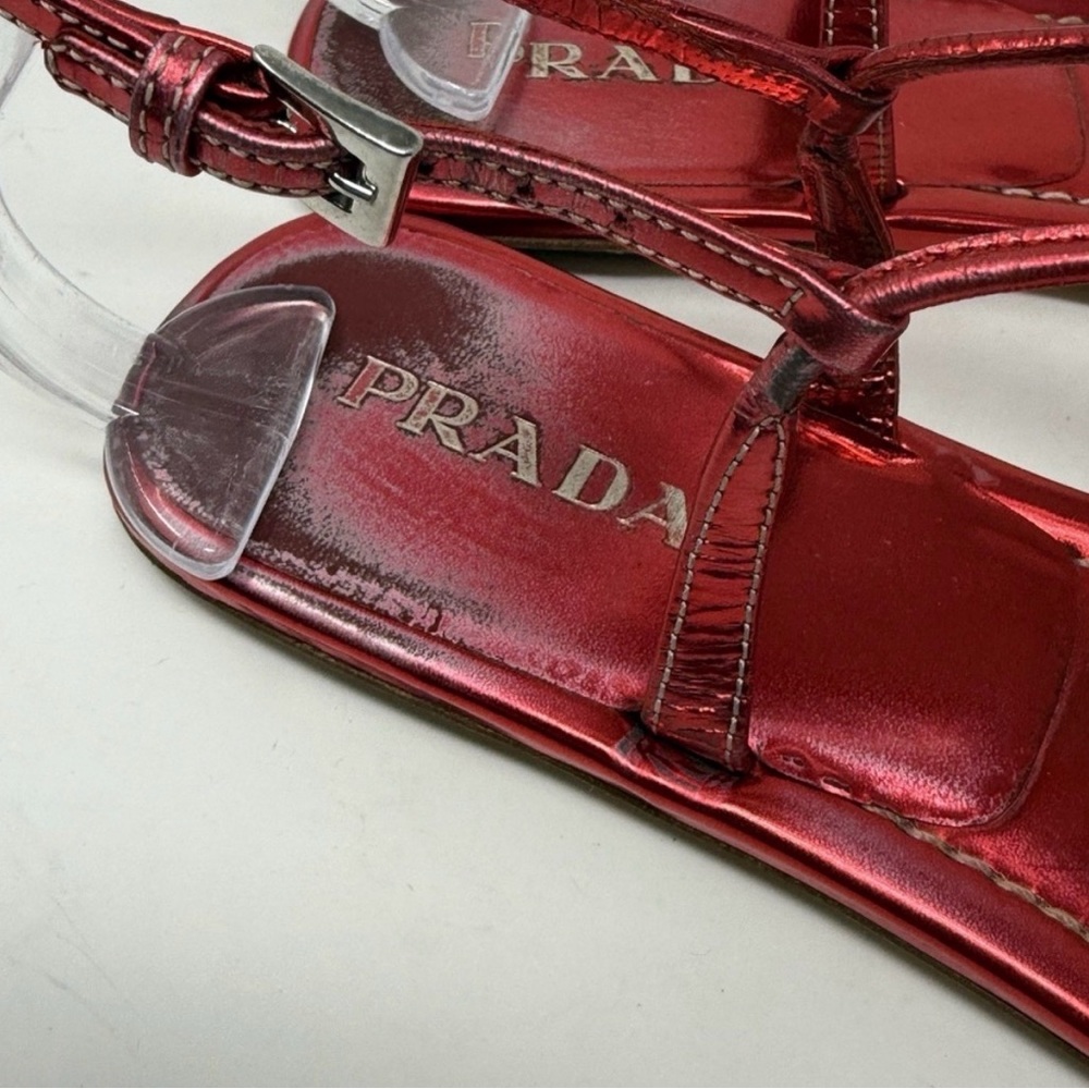 Prada Capretto Thong Leather Sandals Metallic Pinkish Red Size 7.5 (EU 38) - Picture 6 of 9